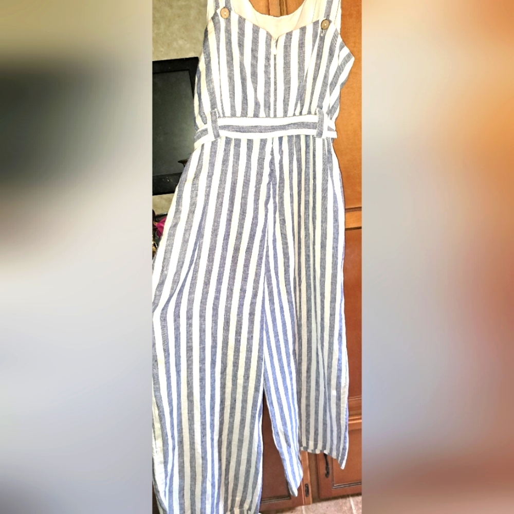 Ladies Rachel Zoe  Blue white Striped 100% Linen Overall Romper Jumpsuit NWOT 8